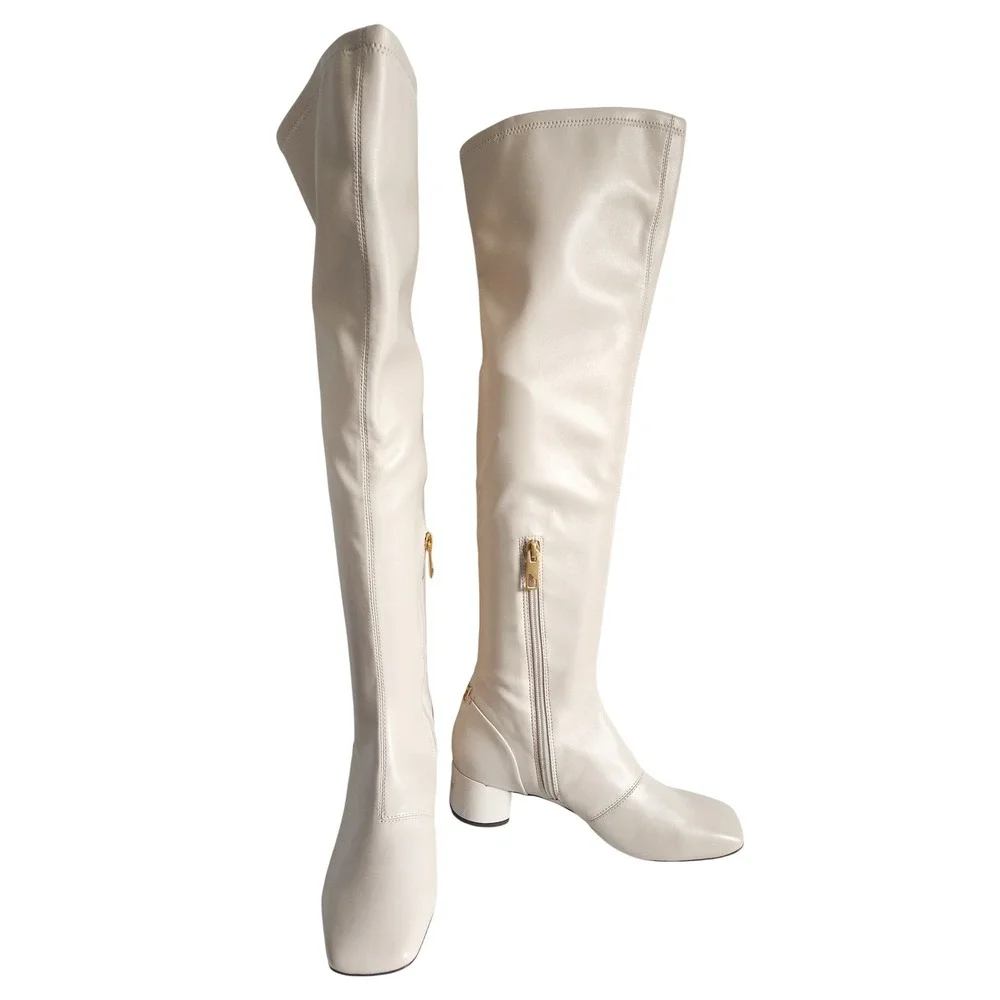 New Franco Sarto Over the Knee Boots 7 Square Toe Cream Block Heel Mod Go-Go